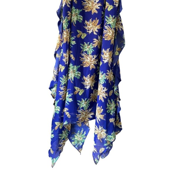 WD.NY Womens L Blue Floral Ruffle Asymmetrical Hem Sleeveless Dress Tropical - Picture 3 of 7